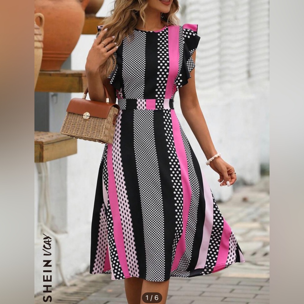 Brand New 🎀🖤 Super Cute Polka Dot & Striped Print Dress 🎀🖤 Size 8/10 - Large